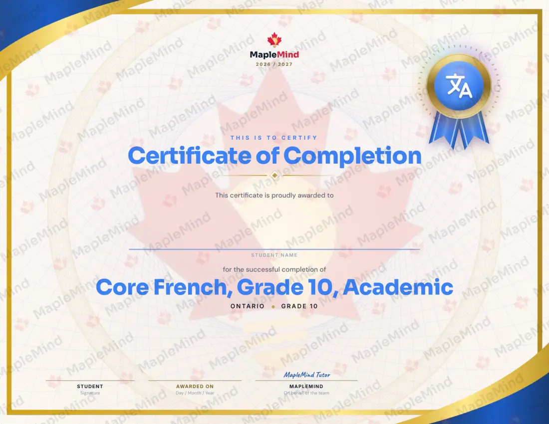 Page 31 of 31 from the Core French, Grade 10, Academic Ontario Course Companion — year in review and certificate of completion