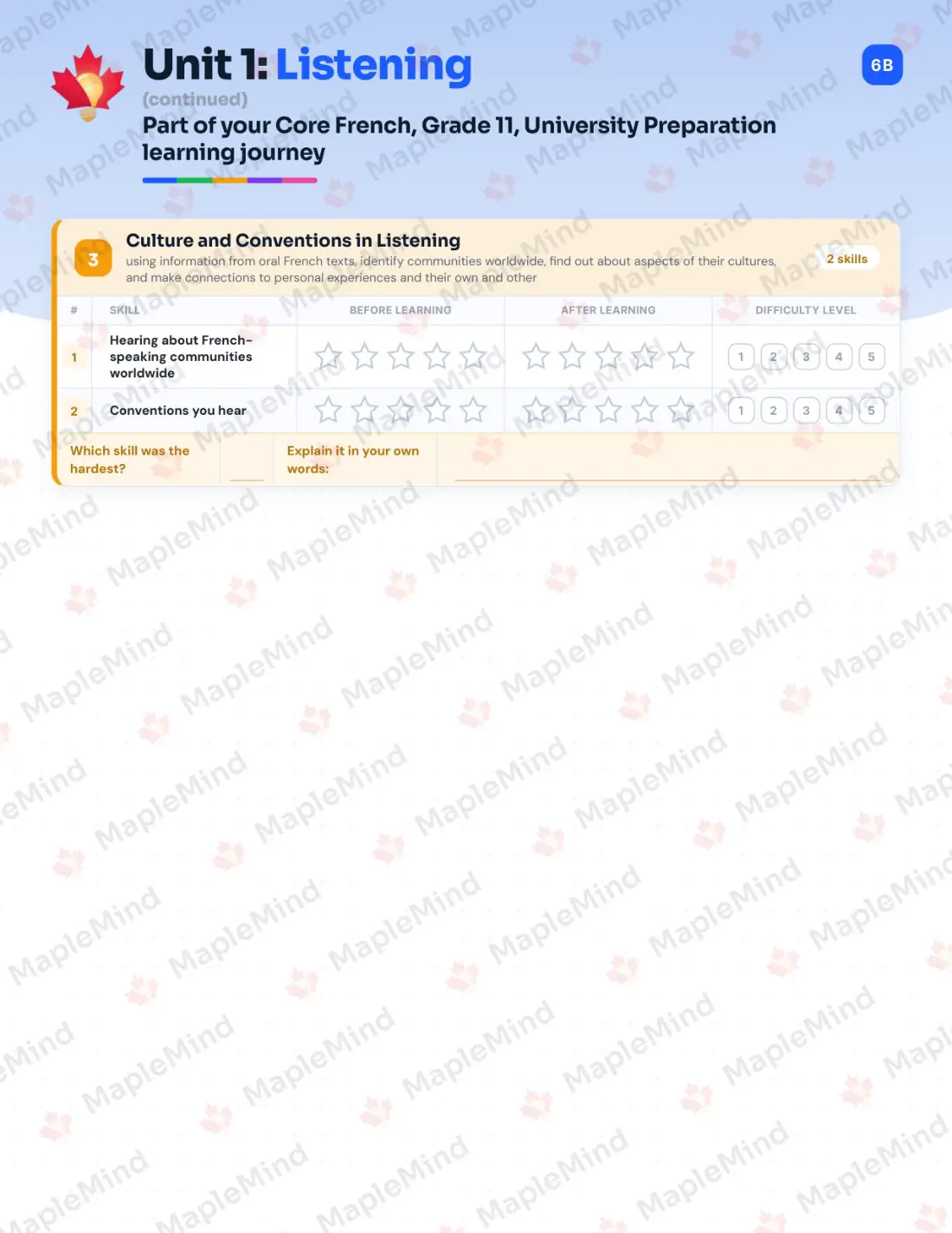 Page 7 of 31 from the Core French, Grade 11, University Preparation Ontario Course Companion — skills tracker with before and after self-assessment