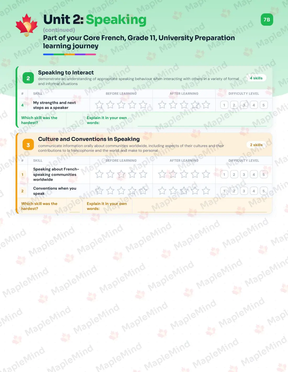 Page 11 of 31 from the Core French, Grade 11, University Preparation Ontario Course Companion — skills tracker with before and after self-assessment