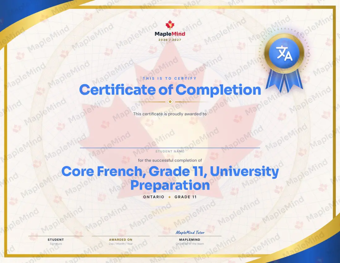 Page 31 of 31 from the Core French, Grade 11, University Preparation Ontario Course Companion — year in review and certificate of completion