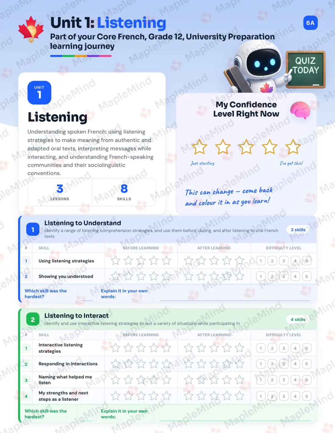 Page 6 of 31 from the Core French, Grade 12, University Preparation Ontario Course Companion — skills tracker with before and after self-assessment