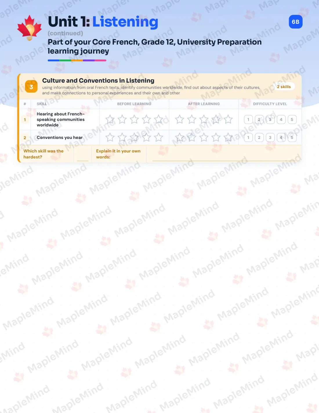 Page 7 of 31 from the Core French, Grade 12, University Preparation Ontario Course Companion — skills tracker with before and after self-assessment