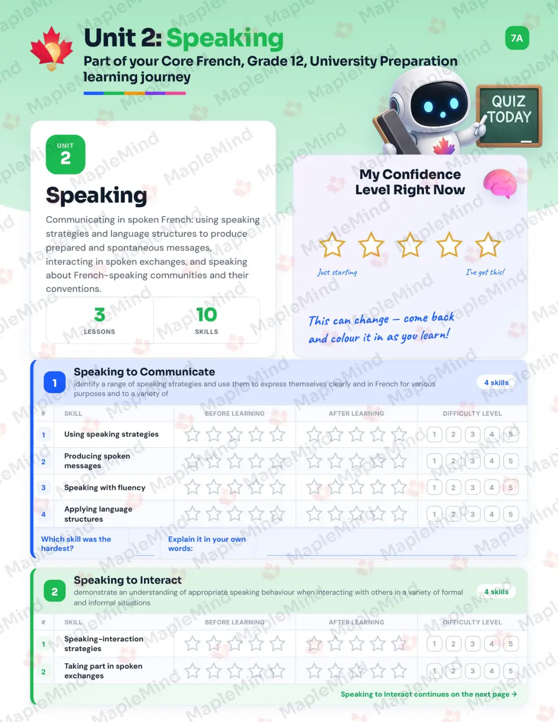 Page 10 of 31 from the Core French, Grade 12, University Preparation Ontario Course Companion — skills tracker with before and after self-assessment