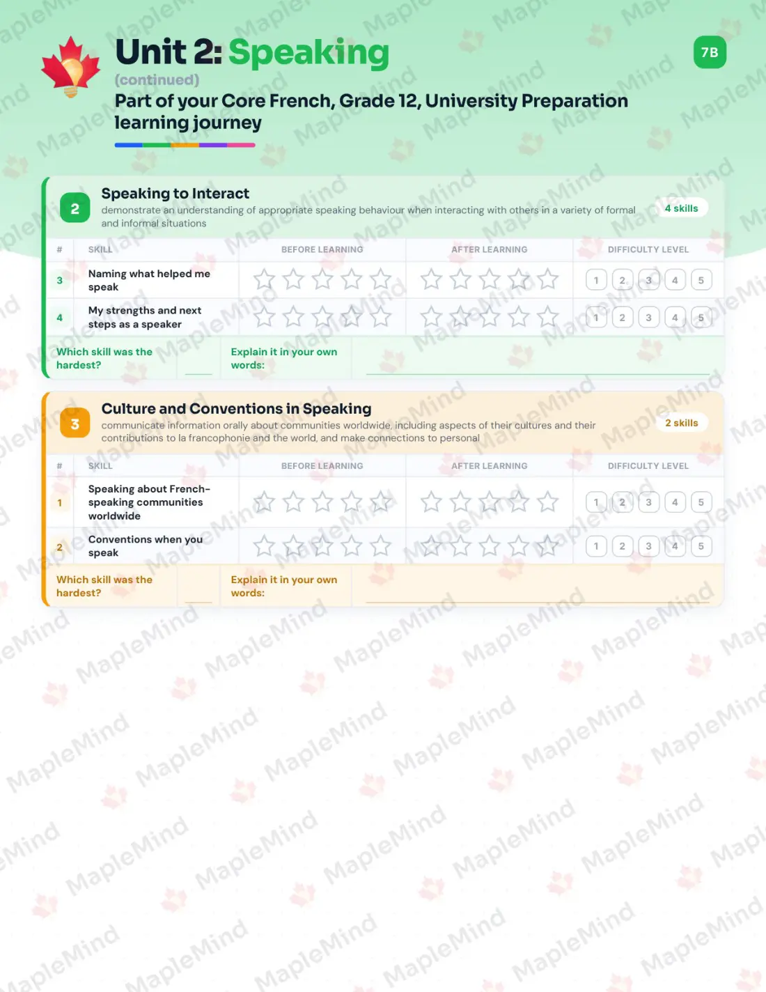 Page 11 of 31 from the Core French, Grade 12, University Preparation Ontario Course Companion — skills tracker with before and after self-assessment