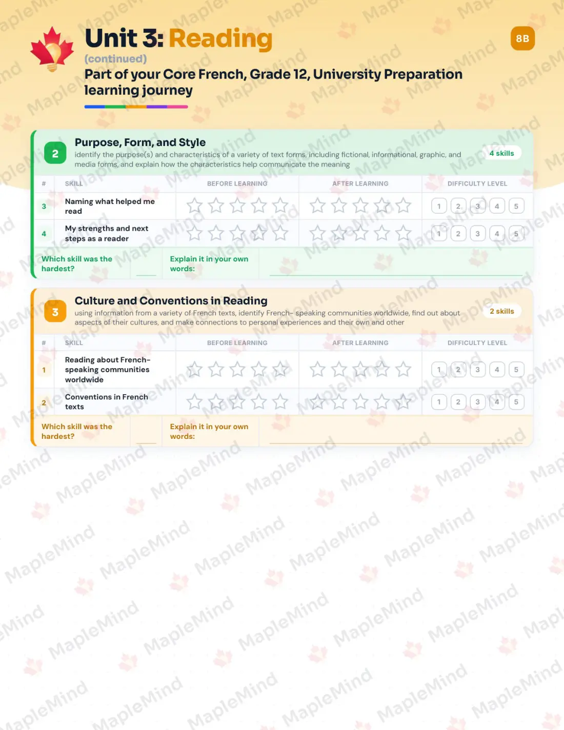 Page 15 of 31 from the Core French, Grade 12, University Preparation Ontario Course Companion — skills tracker with before and after self-assessment