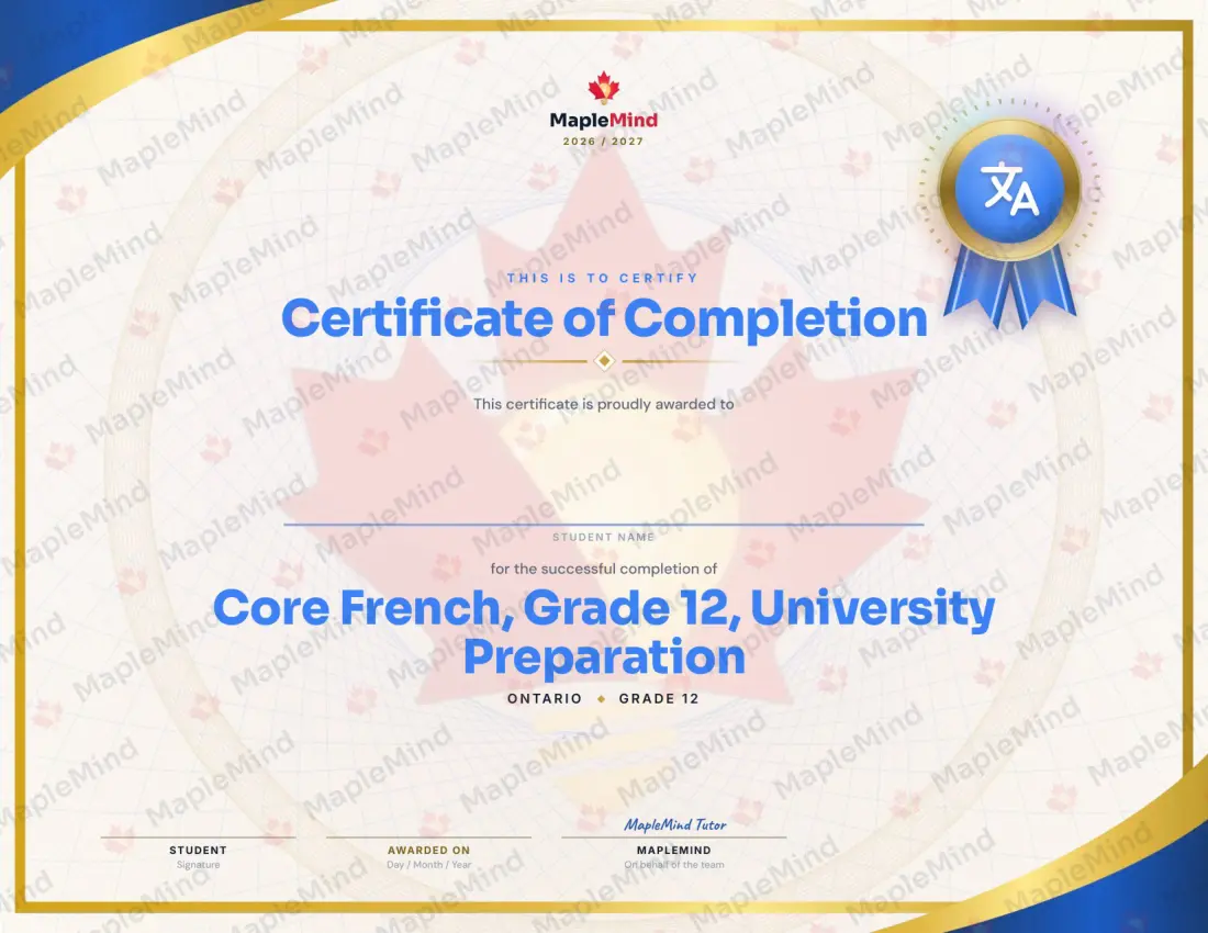 Page 31 of 31 from the Core French, Grade 12, University Preparation Ontario Course Companion — year in review and certificate of completion