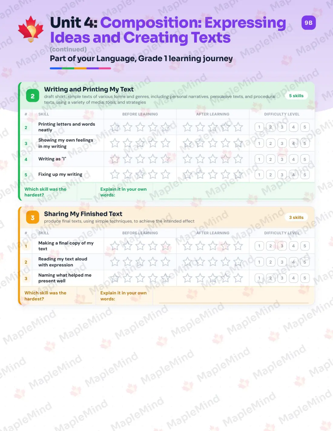 Page 22 of 34 from the Language, Grade 1 Ontario Course Companion — skills tracker with before and after self-assessment