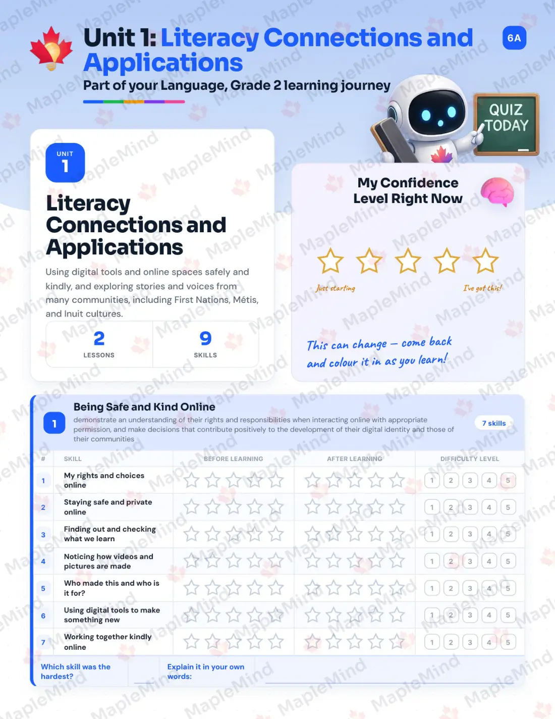 Page 6 of 33 from the Language, Grade 2 Ontario Course Companion — skills tracker with before and after self-assessment