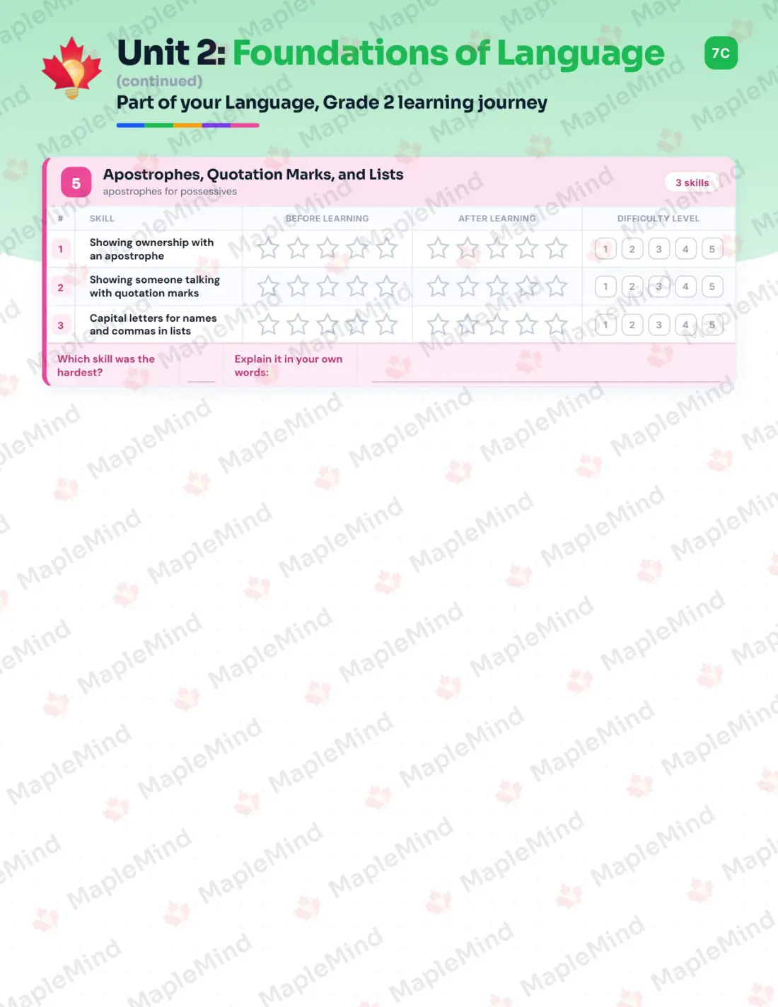 Page 12 of 33 from the Language, Grade 2 Ontario Course Companion — skills tracker with before and after self-assessment