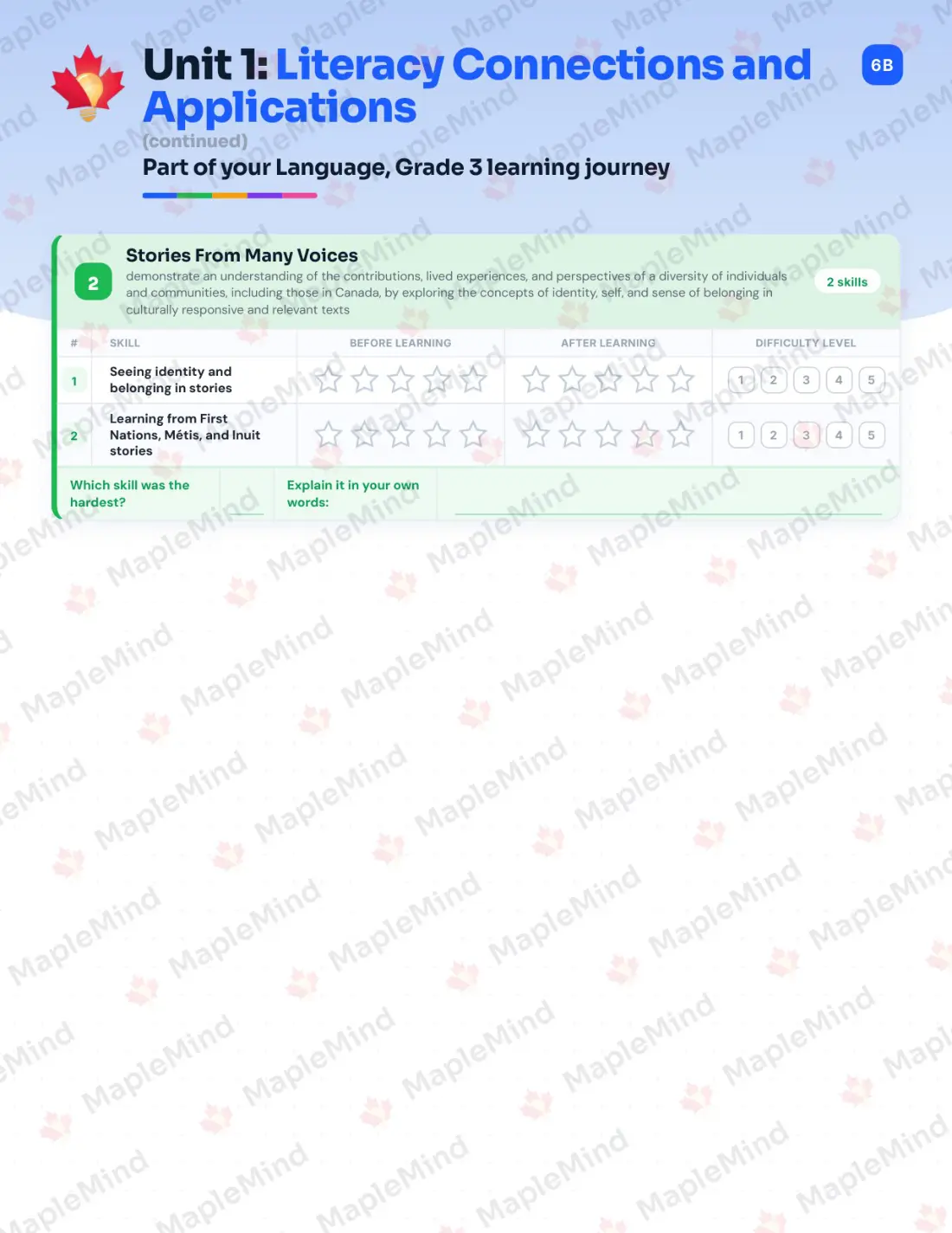 Page 7 of 33 from the Language, Grade 3 Ontario Course Companion — skills tracker with before and after self-assessment