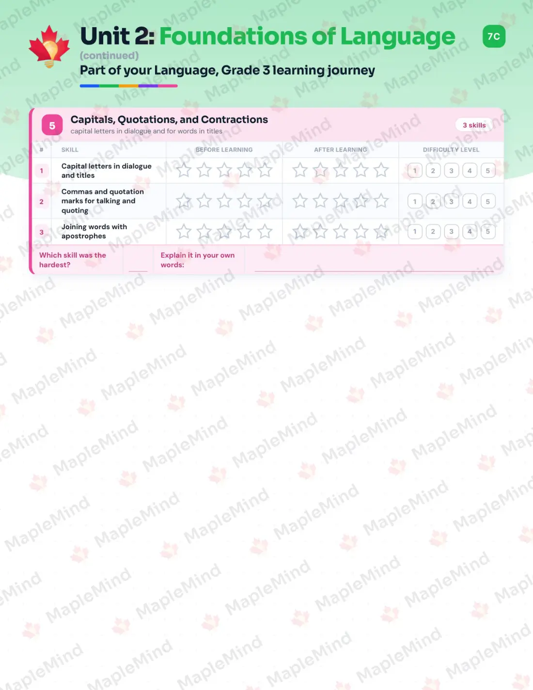 Page 12 of 33 from the Language, Grade 3 Ontario Course Companion — skills tracker with before and after self-assessment
