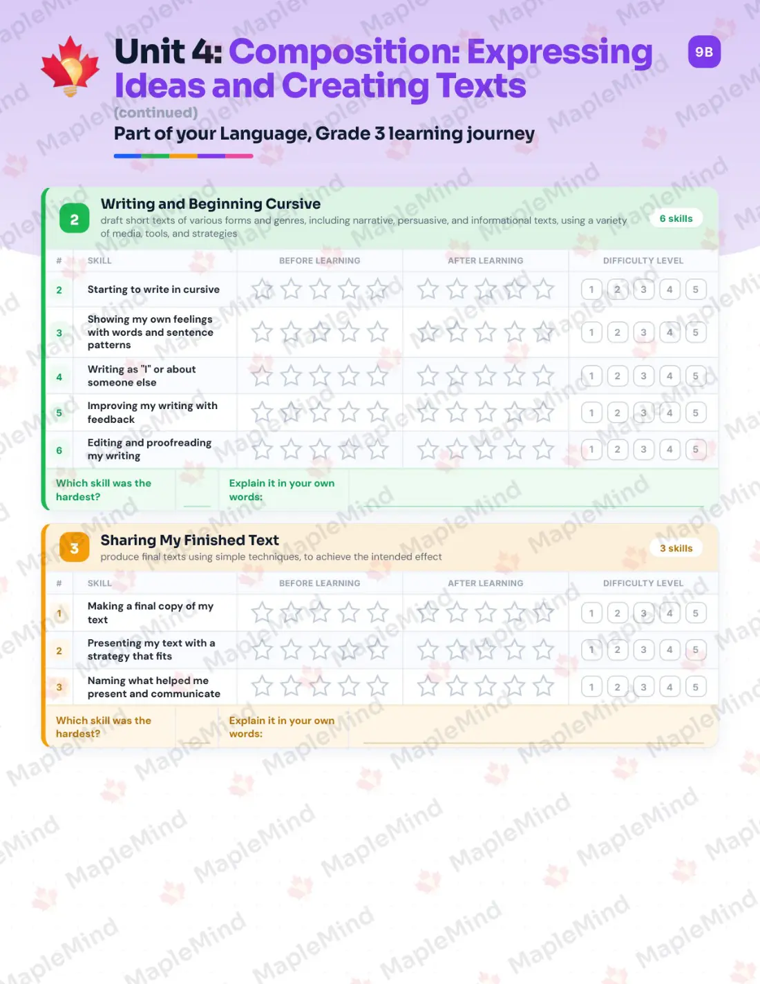 Page 21 of 33 from the Language, Grade 3 Ontario Course Companion — skills tracker with before and after self-assessment