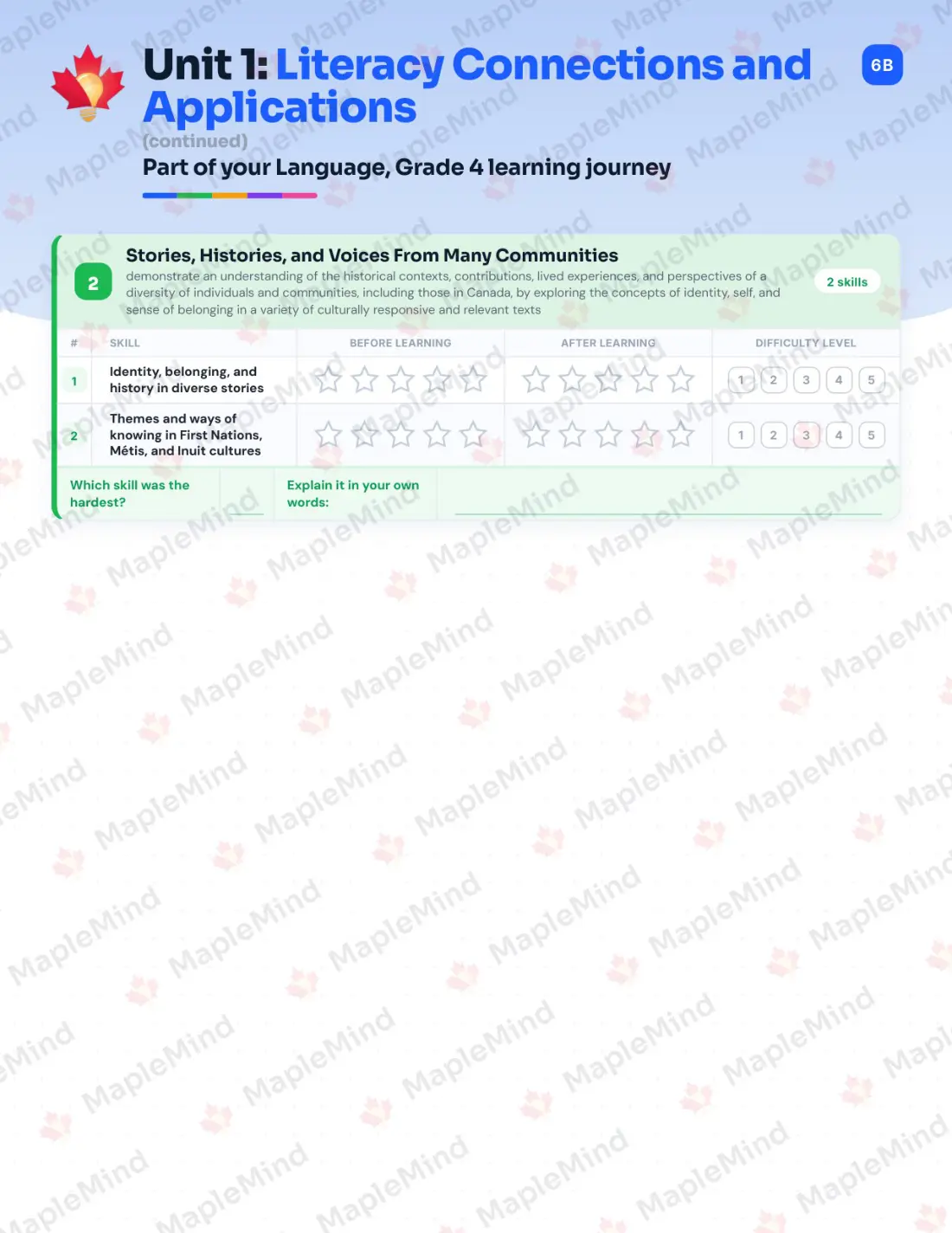 Page 7 of 33 from the Language, Grade 4 Ontario Course Companion — skills tracker with before and after self-assessment