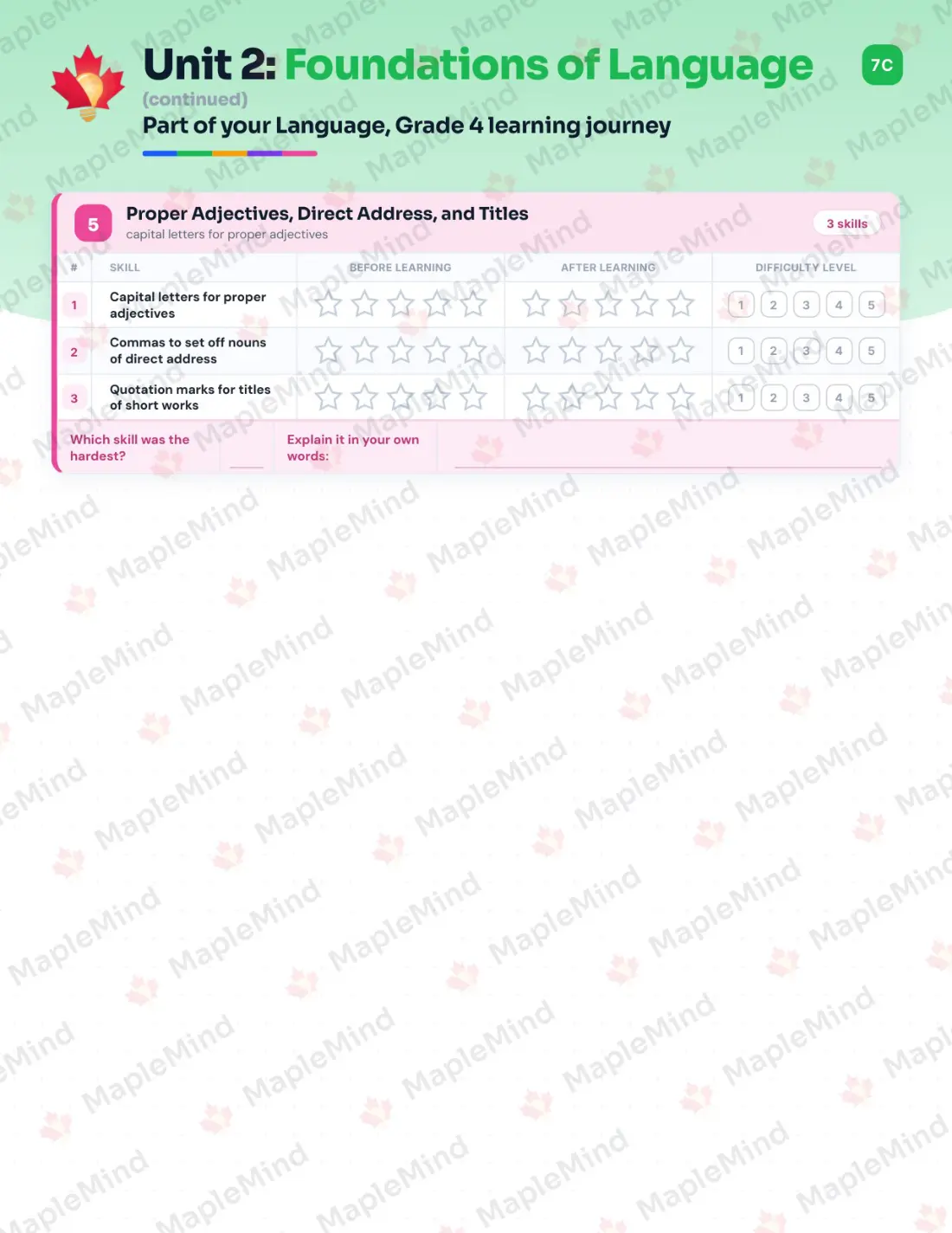 Page 12 of 33 from the Language, Grade 4 Ontario Course Companion — skills tracker with before and after self-assessment
