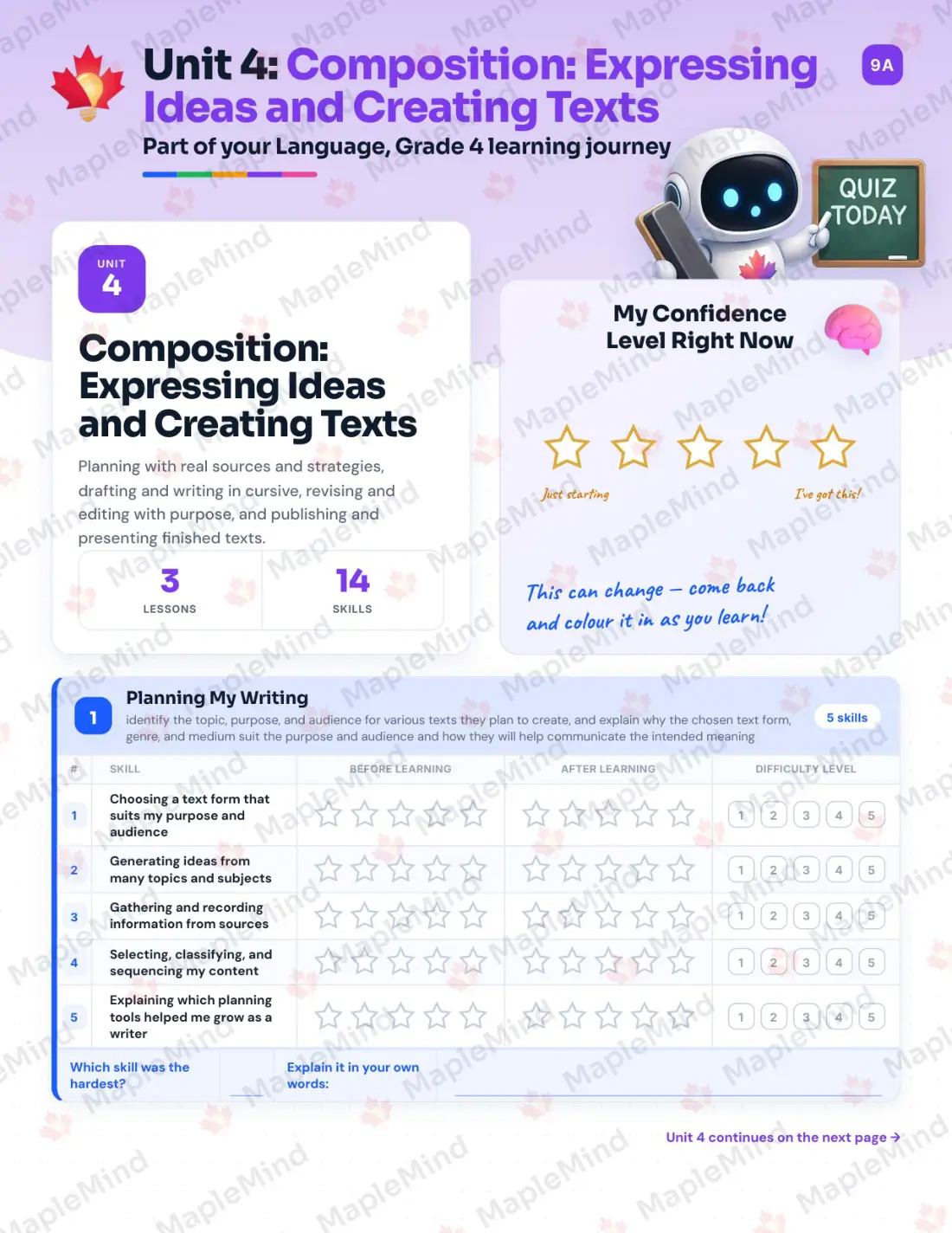 Page 20 of 33 from the Language, Grade 4 Ontario Course Companion — skills tracker with before and after self-assessment