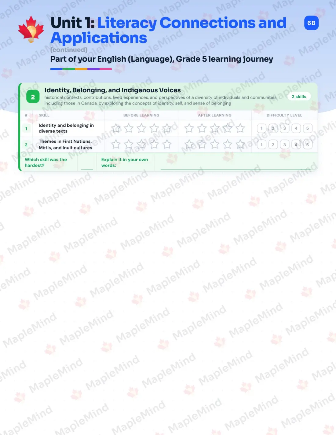 Page 8 of 33 from the English (Language), Grade 5 Ontario Course Companion — skills tracker with before and after self-assessment