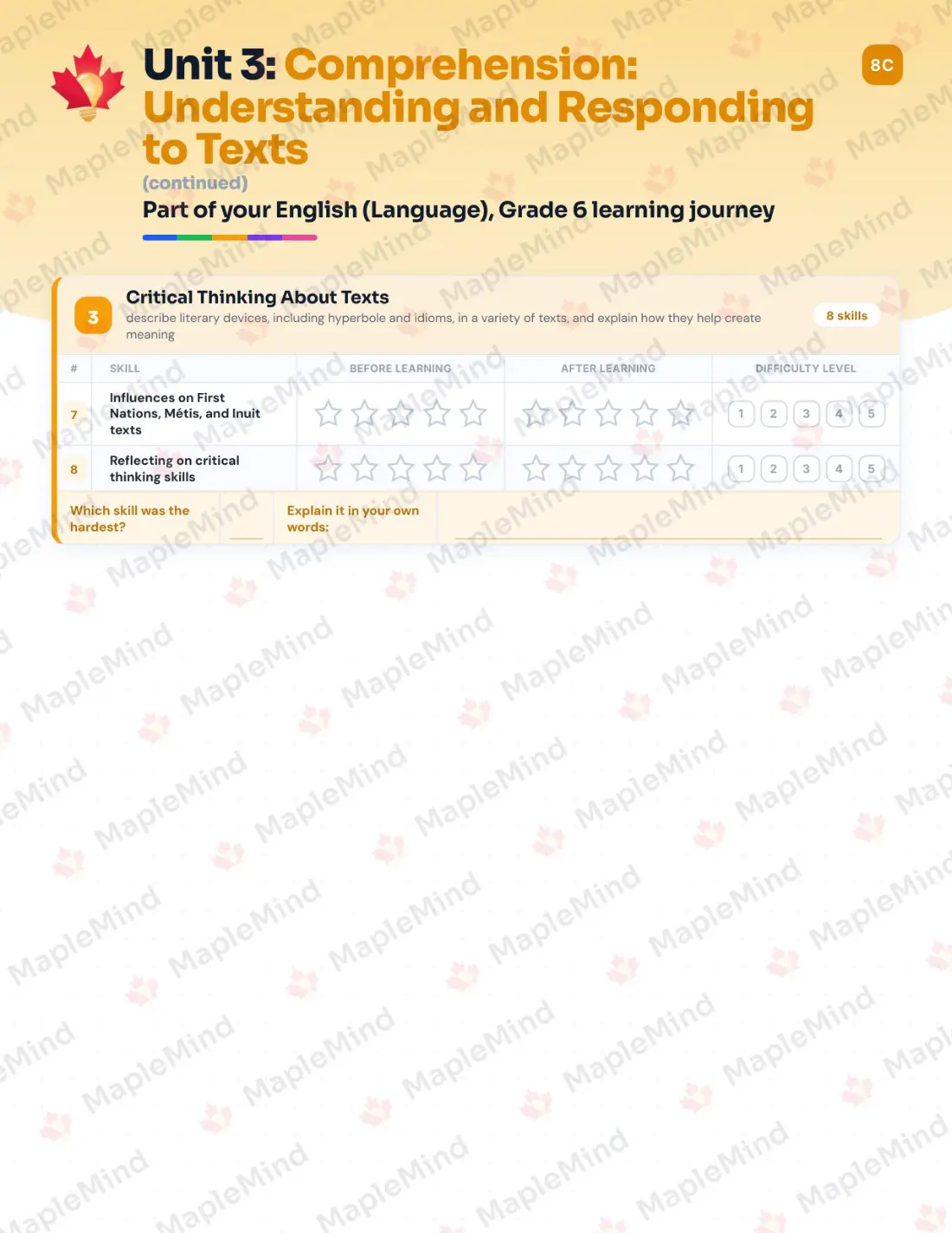 Page 17 of 33 from the English (Language), Grade 6 Ontario Course Companion — skills tracker with before and after self-assessment
