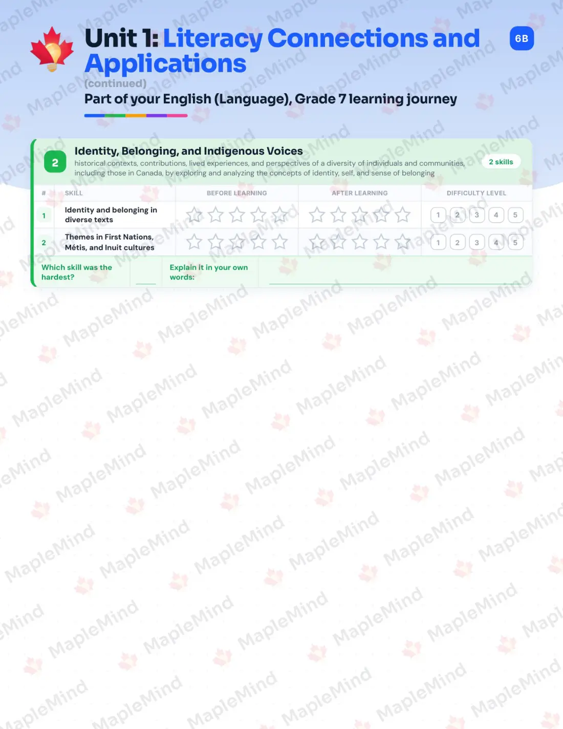 Page 8 of 33 from the English (Language), Grade 7 Ontario Course Companion — skills tracker with before and after self-assessment