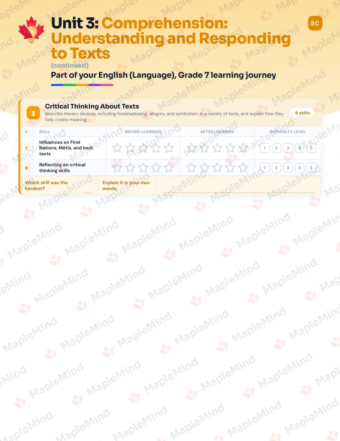 Page 17 of 33 from the English (Language), Grade 7 Ontario Course Companion — skills tracker with before and after self-assessment
