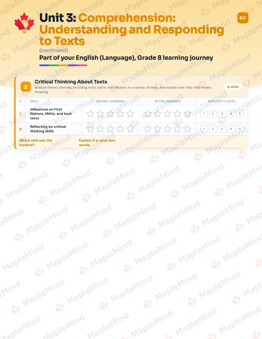 Page 16 of 32 from the English (Language), Grade 8 Ontario Course Companion — skills tracker with before and after self-assessment
