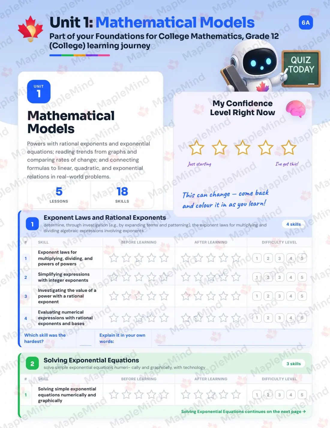 Page 7 of 34 from the Foundations for College Mathematics, Grade 12 (College) Ontario Course Companion — skills tracker with before and after self-assessment