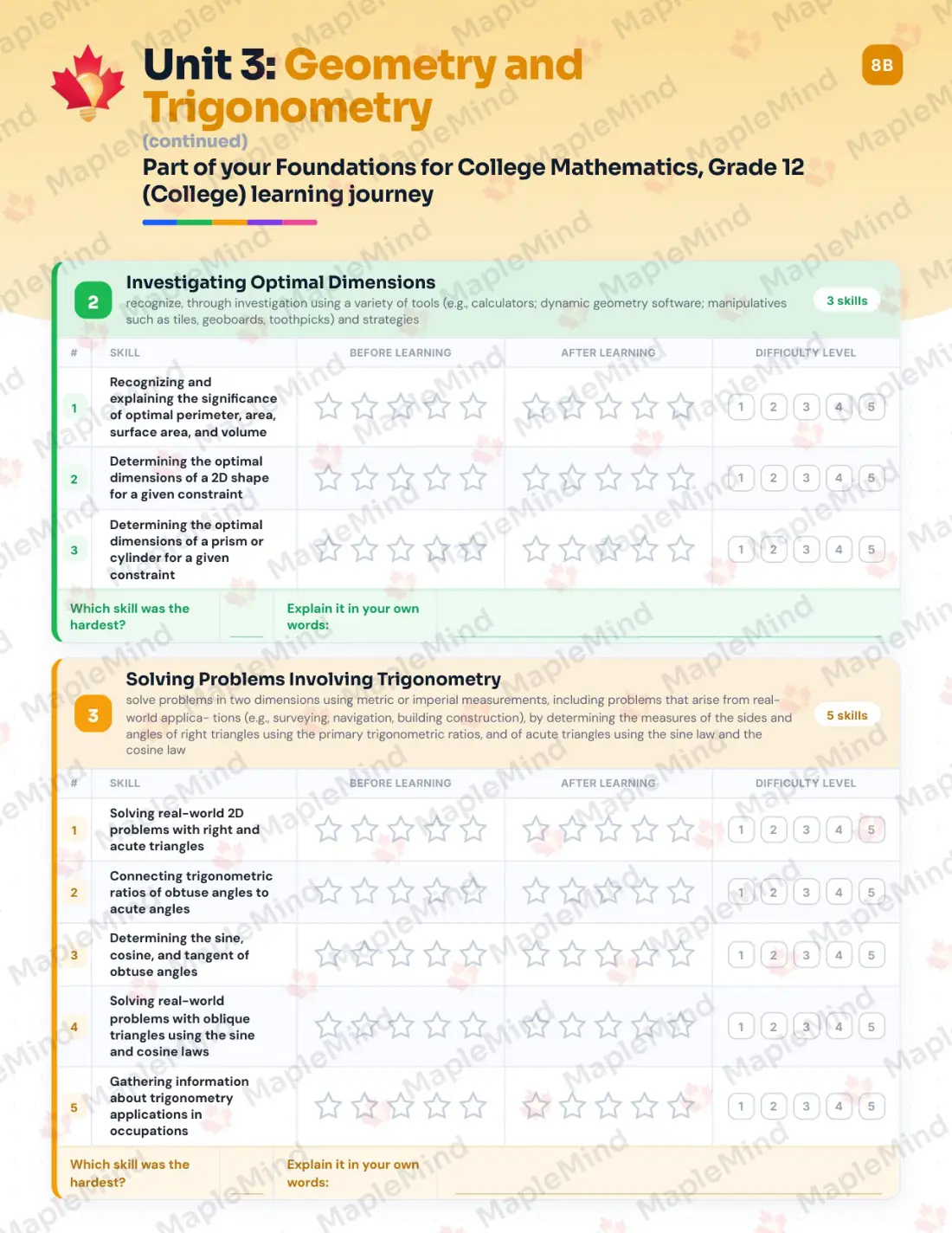 Page 18 of 34 from the Foundations for College Mathematics, Grade 12 (College) Ontario Course Companion — skills tracker with before and after self-assessment