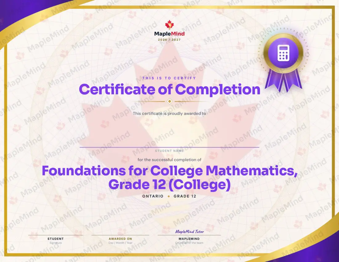 Page 34 of 34 from the Foundations for College Mathematics, Grade 12 (College) Ontario Course Companion — year in review and certificate of completion