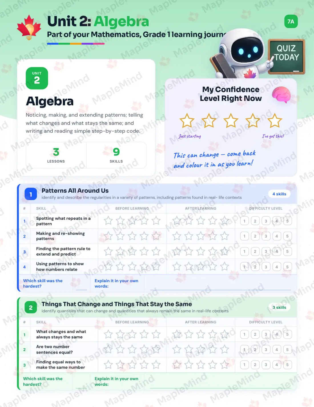 Page 11 of 35 from the Mathematics, Grade 1 Ontario Course Companion — skills tracker with before and after self-assessment