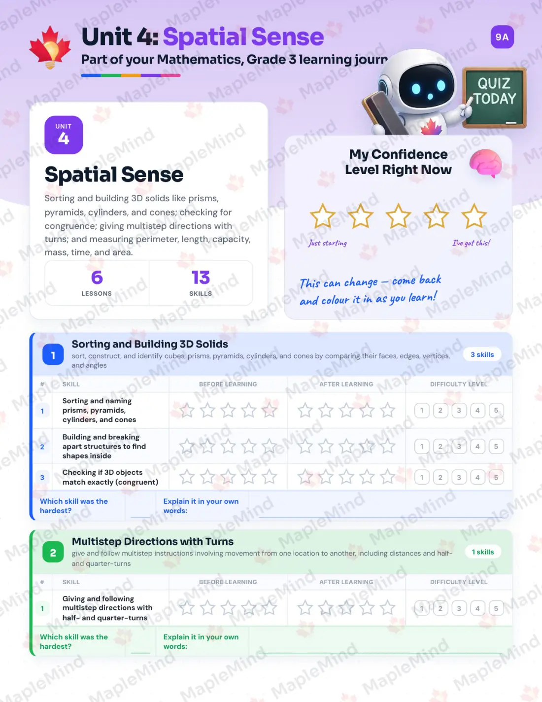 Page 20 of 37 from the Mathematics, Grade 3 Ontario Course Companion — skills tracker with before and after self-assessment