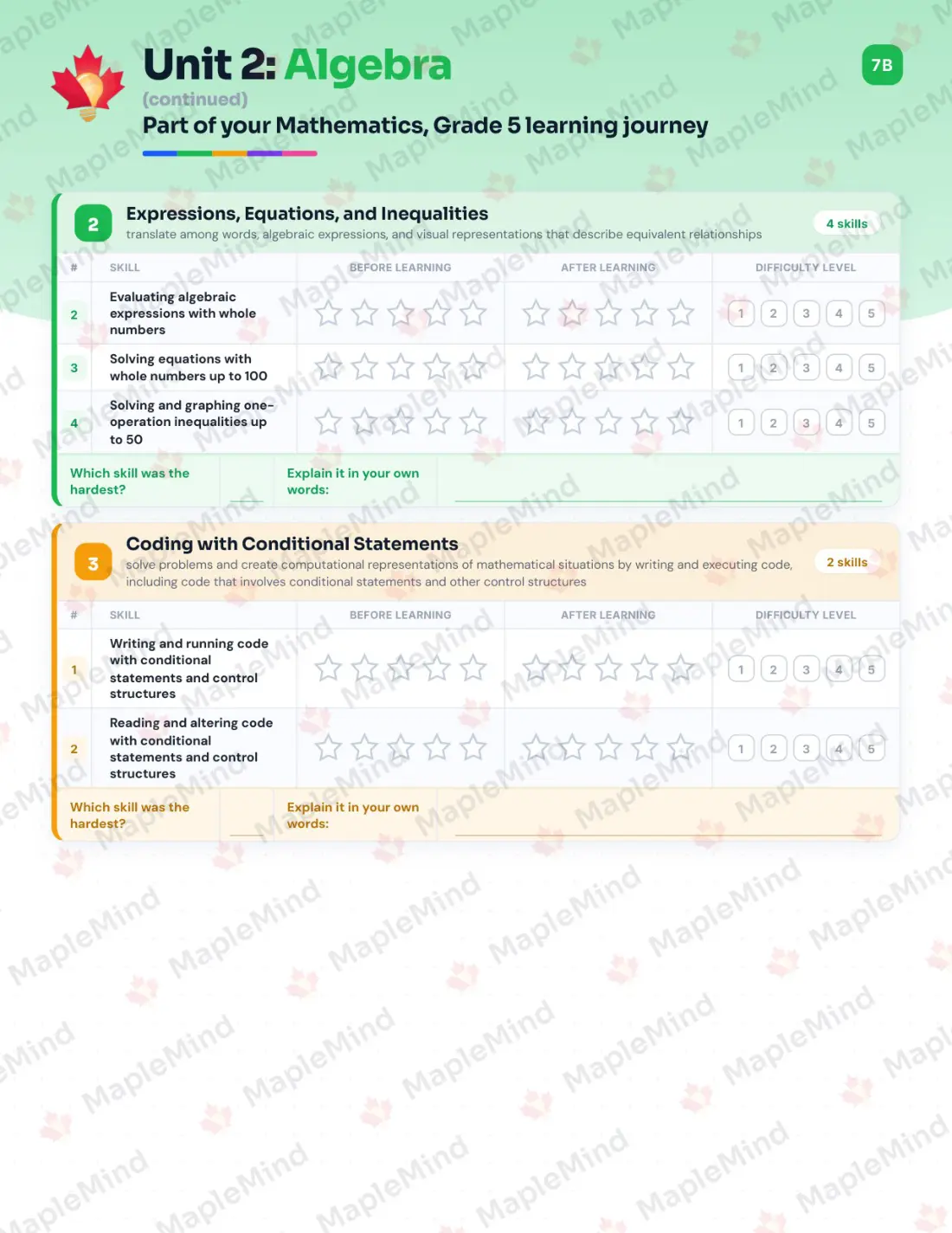 Page 13 of 38 from the Mathematics, Grade 5 Ontario Course Companion — skills tracker with before and after self-assessment