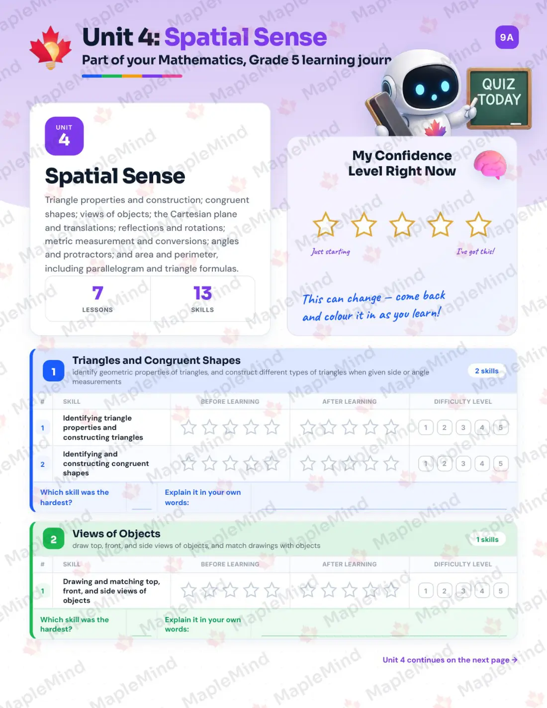Page 20 of 38 from the Mathematics, Grade 5 Ontario Course Companion — skills tracker with before and after self-assessment