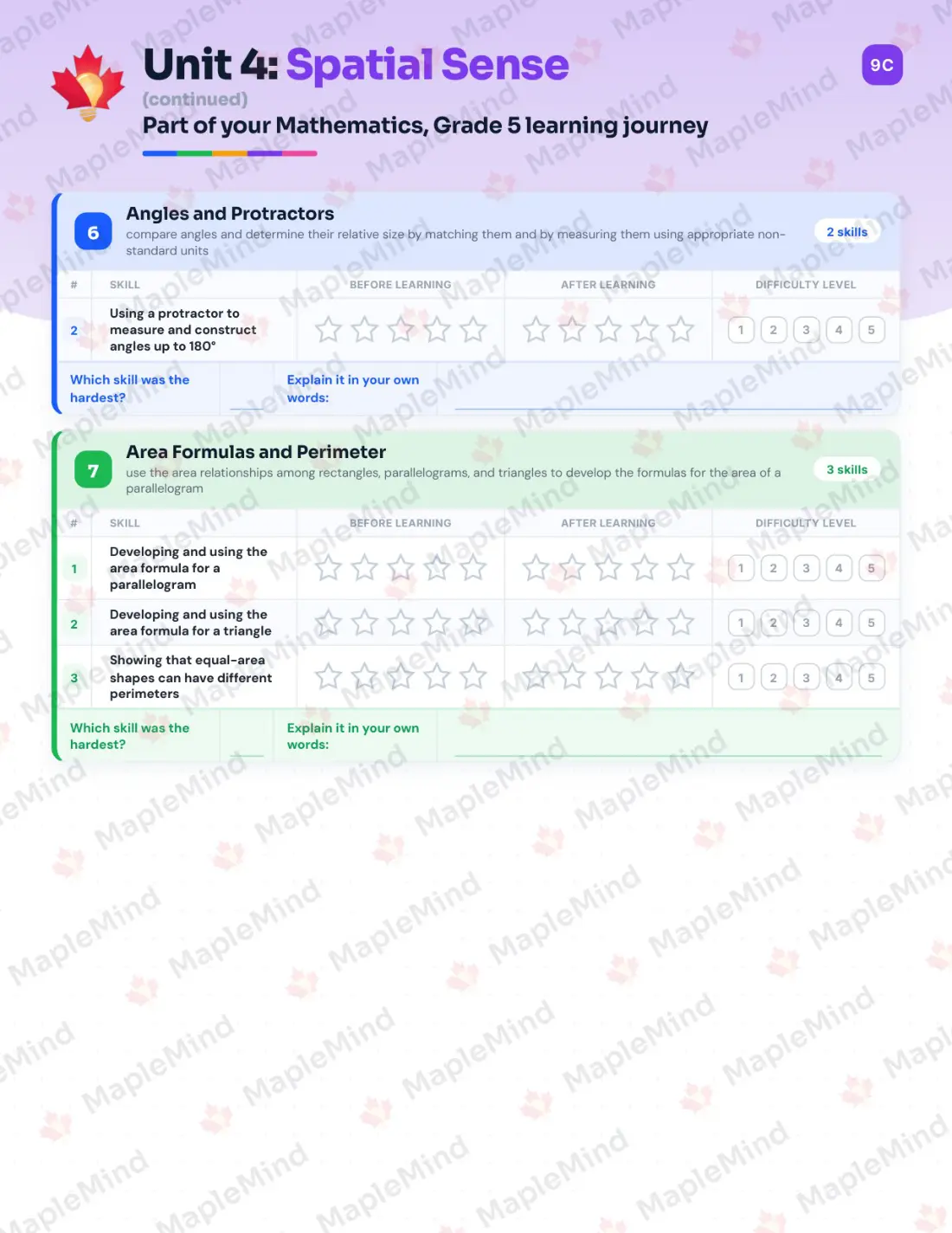 Page 22 of 38 from the Mathematics, Grade 5 Ontario Course Companion — skills tracker with before and after self-assessment