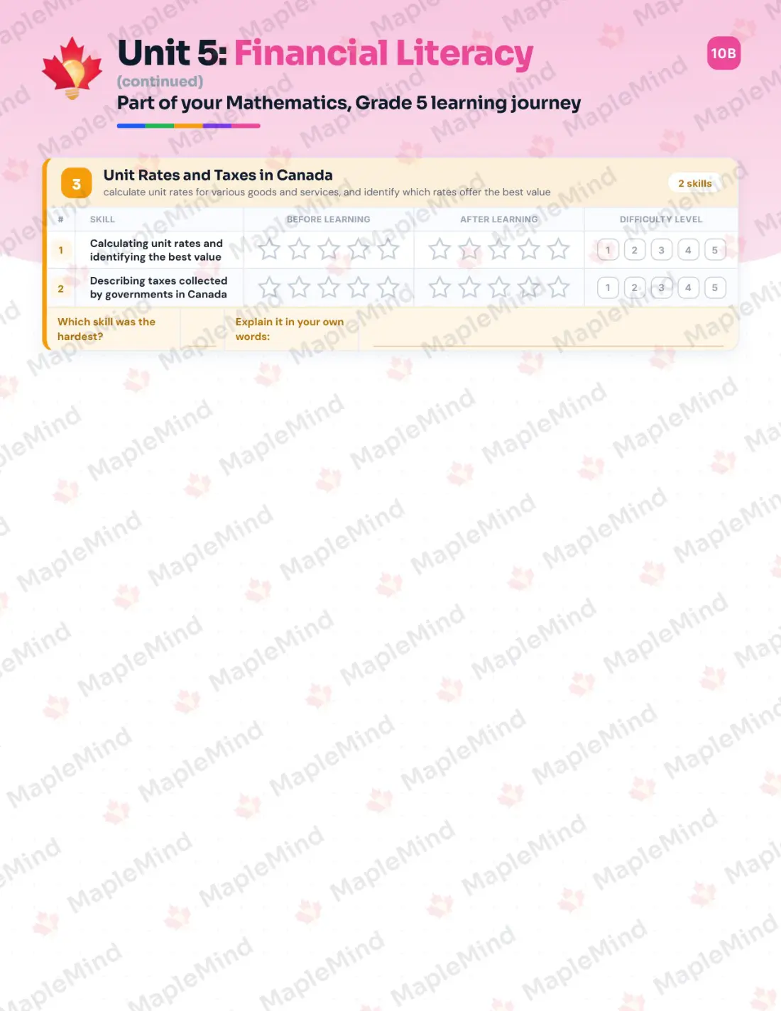 Page 26 of 38 from the Mathematics, Grade 5 Ontario Course Companion — skills tracker with before and after self-assessment