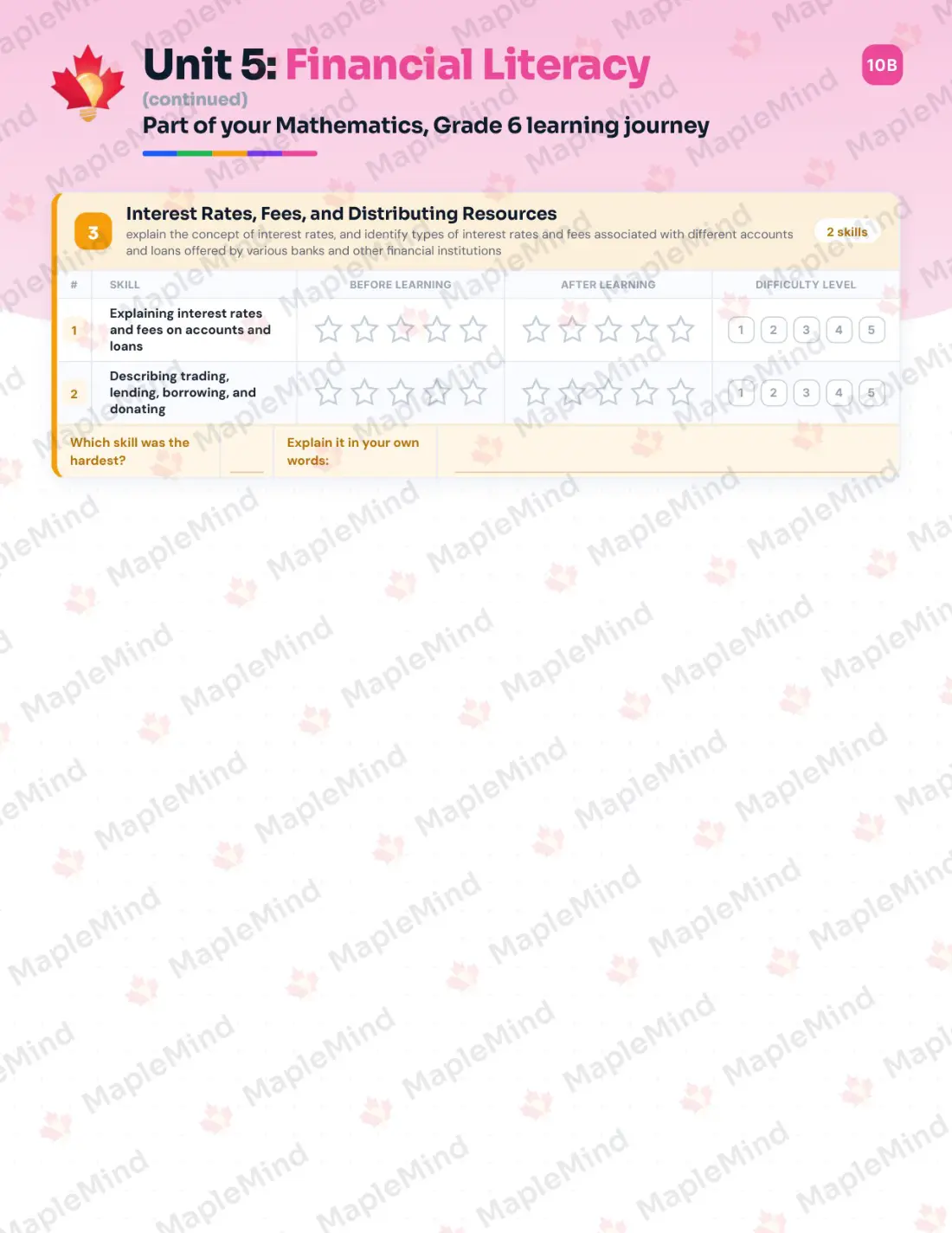 Page 26 of 38 from the Mathematics, Grade 6 Ontario Course Companion — skills tracker with before and after self-assessment