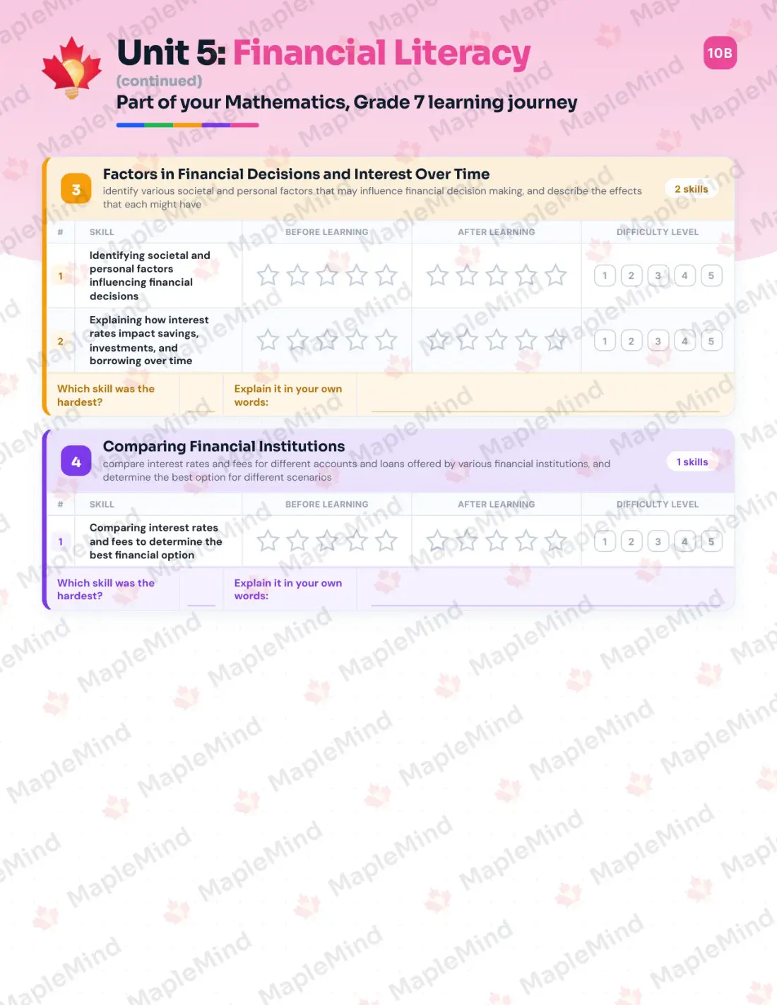 Page 27 of 39 from the Mathematics, Grade 7 Ontario Course Companion — skills tracker with before and after self-assessment