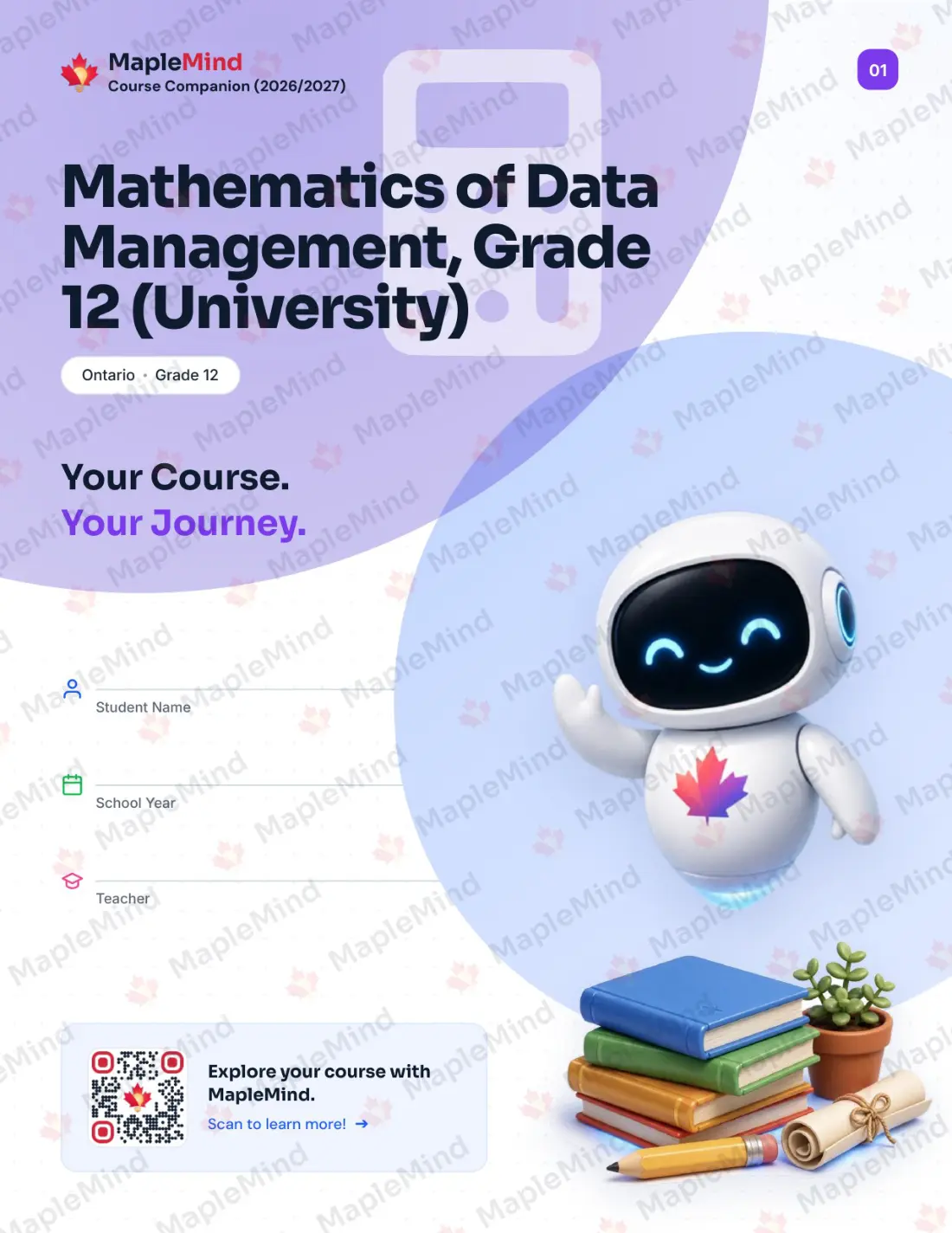 Page 1 of 36 from the Mathematics of Data Management, Grade 12 (University) Ontario Course Companion — workbook cover