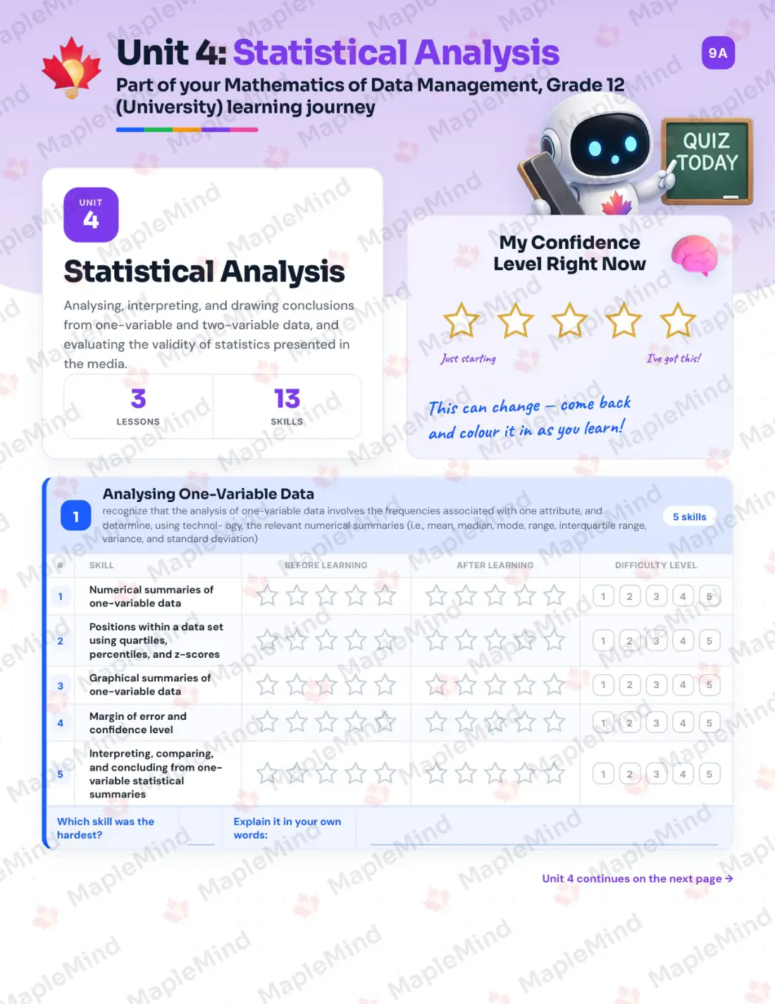 Page 19 of 36 from the Mathematics of Data Management, Grade 12 (University) Ontario Course Companion — skills tracker with before and after self-assessment