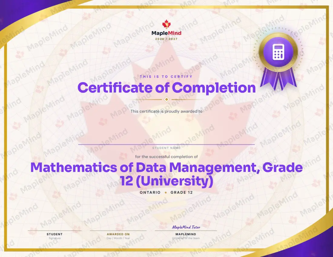 Page 36 of 36 from the Mathematics of Data Management, Grade 12 (University) Ontario Course Companion — year in review and certificate of completion