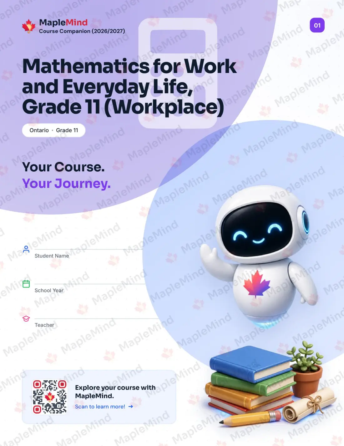 Page 1 of 26 from the Mathematics for Work and Everyday Life, Grade 11 (Workplace) Ontario Course Companion — workbook cover