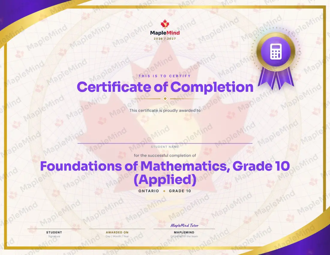 Page 26 of 26 from the Foundations of Mathematics, Grade 10 (Applied) Ontario Course Companion — year in review and certificate of completion
