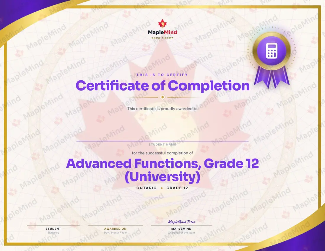 Page 35 of 35 from the Advanced Functions, Grade 12 (University) Ontario Course Companion — year in review and certificate of completion