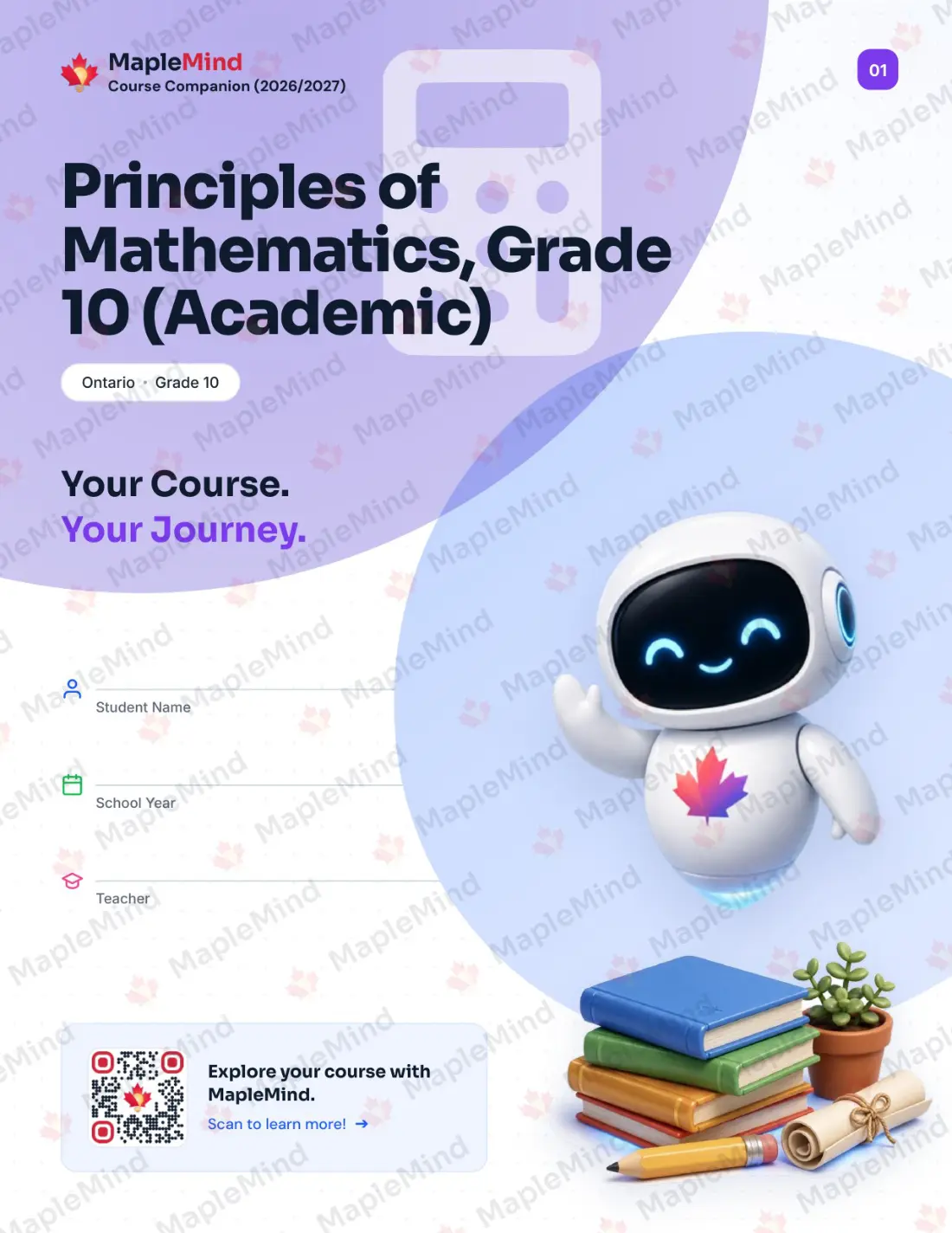Page 1 of 27 from the Principles of Mathematics, Grade 10 (Academic) Ontario Course Companion — workbook cover
