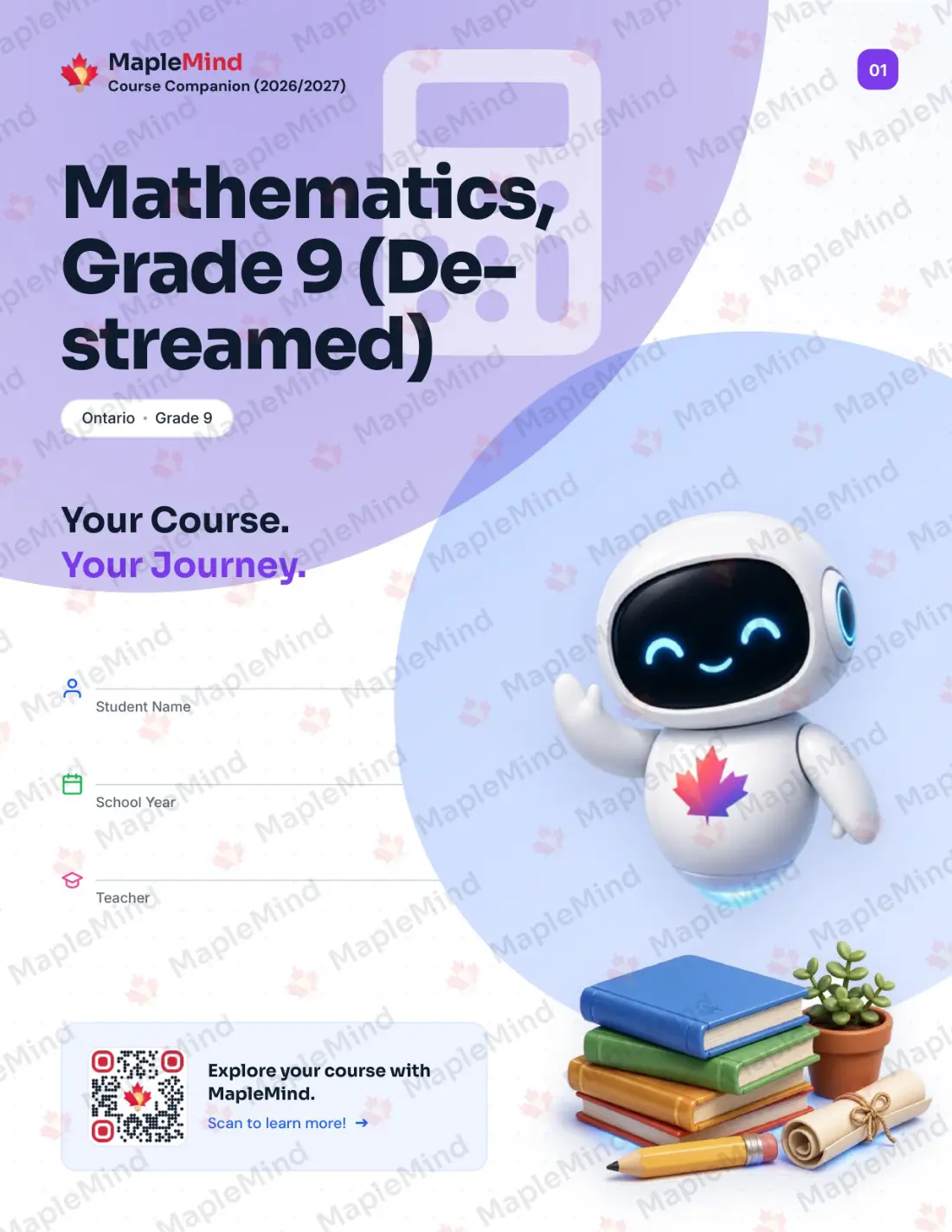 Page 1 of 45 from the Mathematics, Grade 9 (De-streamed) Ontario Course Companion — workbook cover
