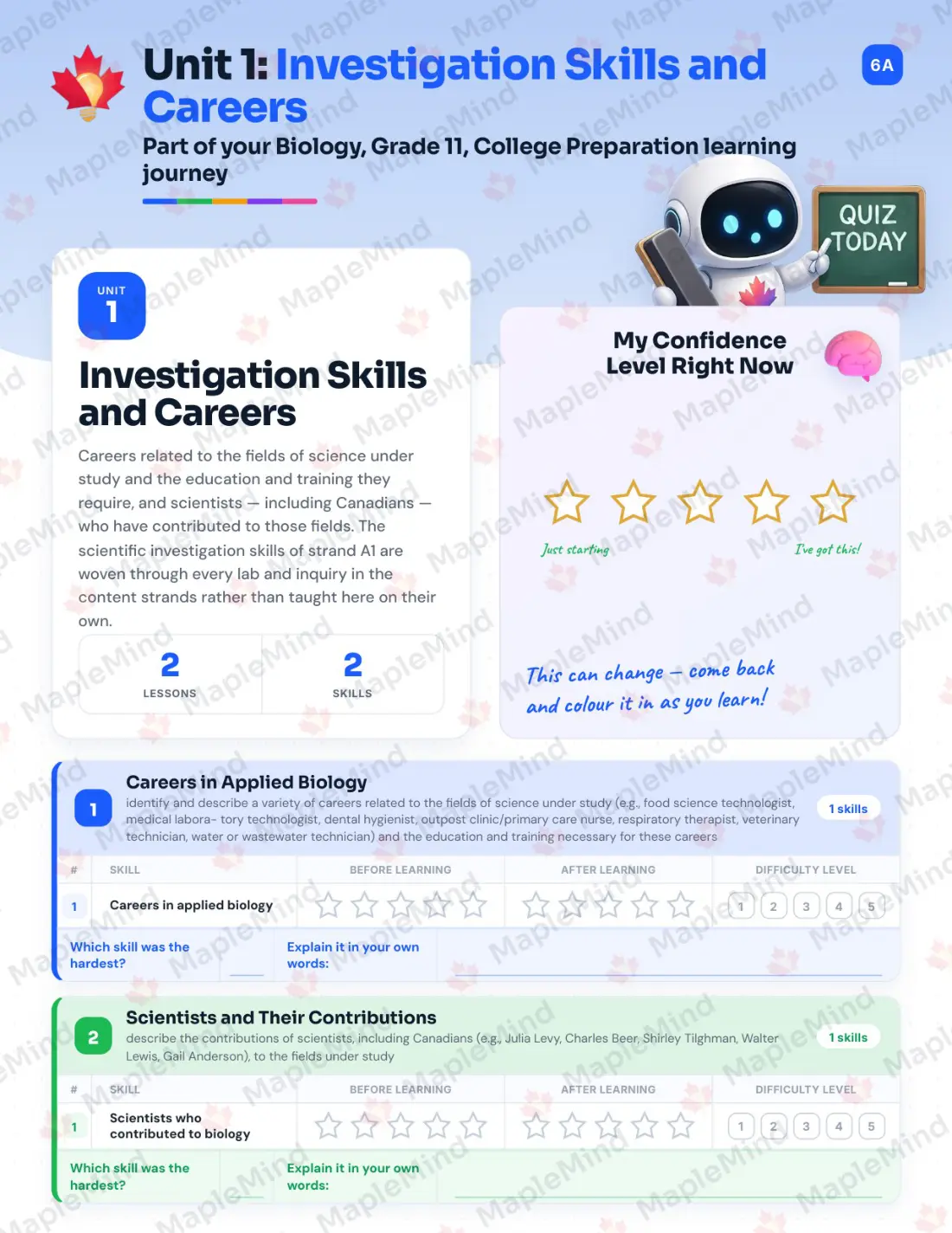 Page 7 of 39 from the Biology, Grade 11, College Preparation Ontario Course Companion — skills tracker with before and after self-assessment