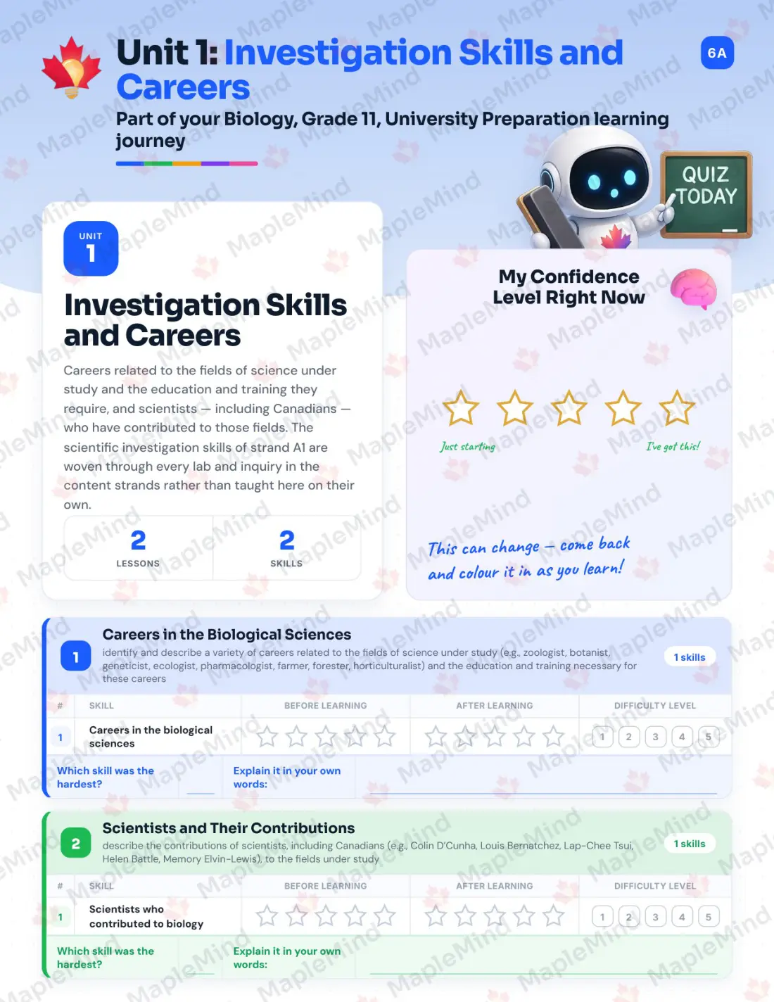 Page 7 of 39 from the Biology, Grade 11, University Preparation Ontario Course Companion — skills tracker with before and after self-assessment