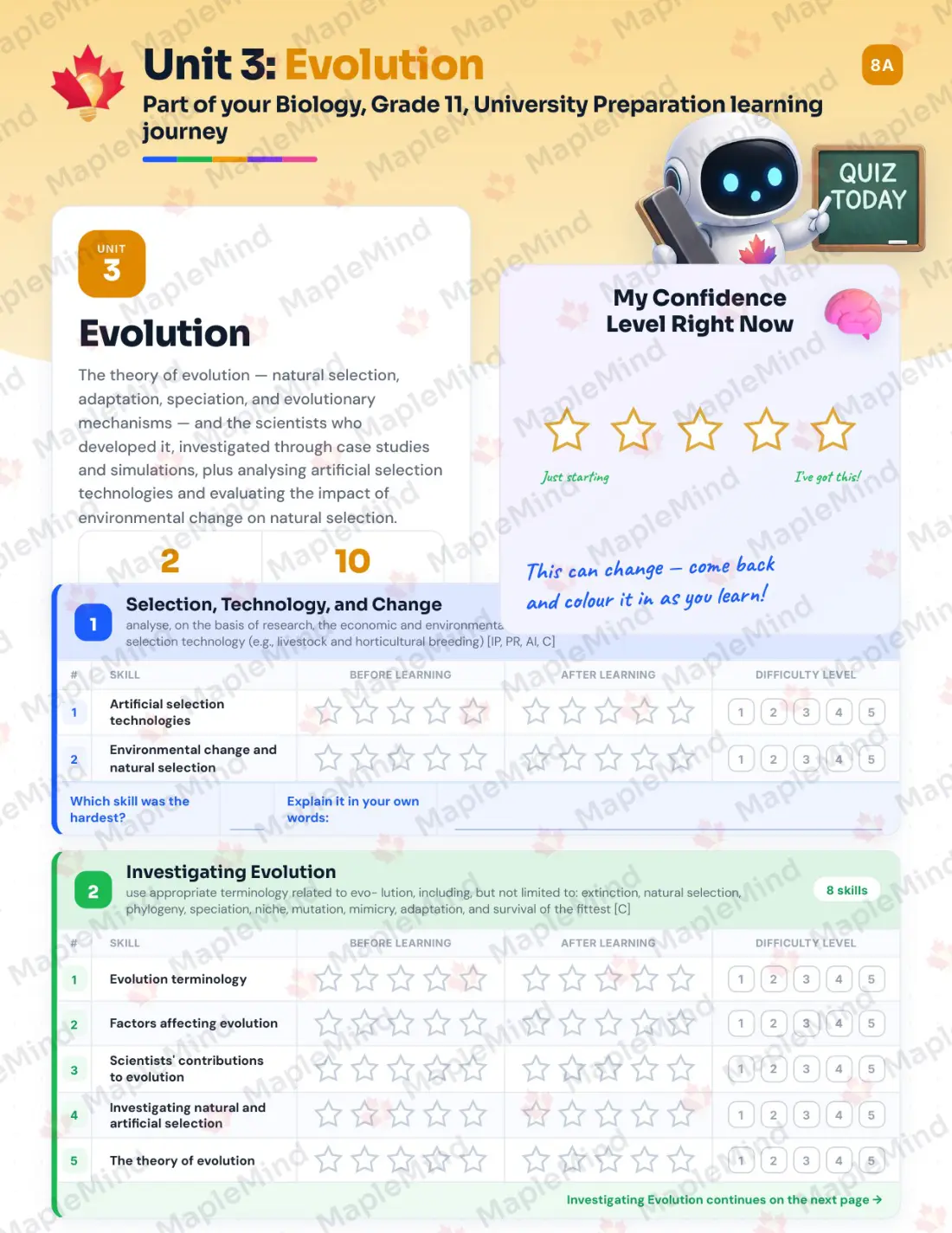Page 14 of 39 from the Biology, Grade 11, University Preparation Ontario Course Companion — skills tracker with before and after self-assessment