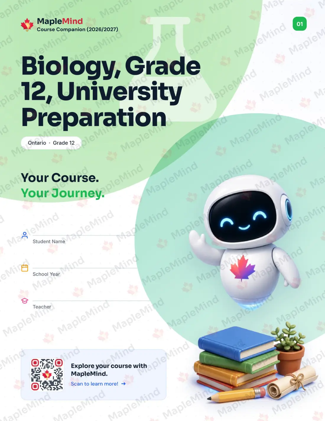 Page 1 of 39 from the Biology, Grade 12, University Preparation Ontario Course Companion — workbook cover