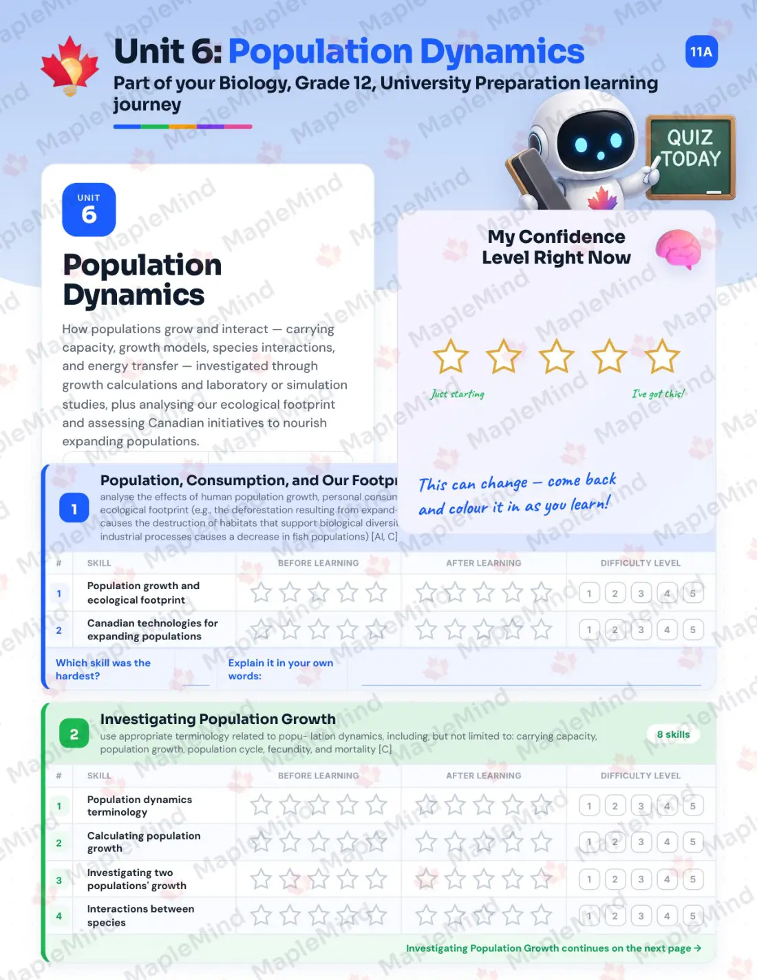 Page 26 of 39 from the Biology, Grade 12, University Preparation Ontario Course Companion — skills tracker with before and after self-assessment