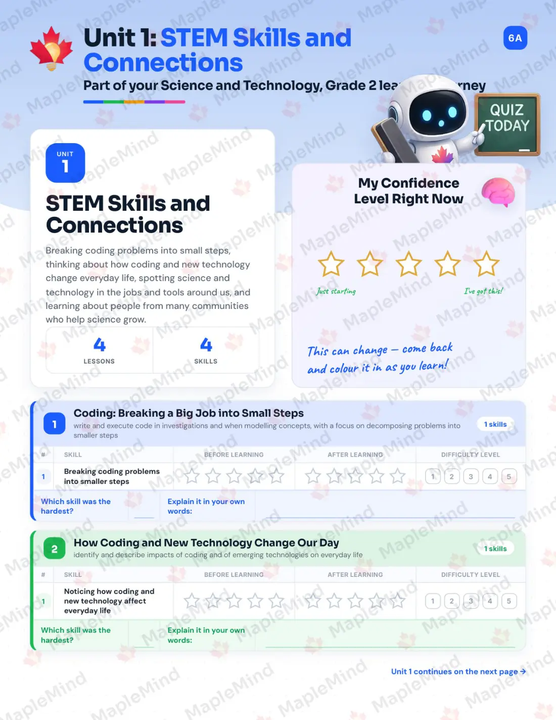 Page 6 of 35 from the Science and Technology, Grade 2 Ontario Course Companion — skills tracker with before and after self-assessment
