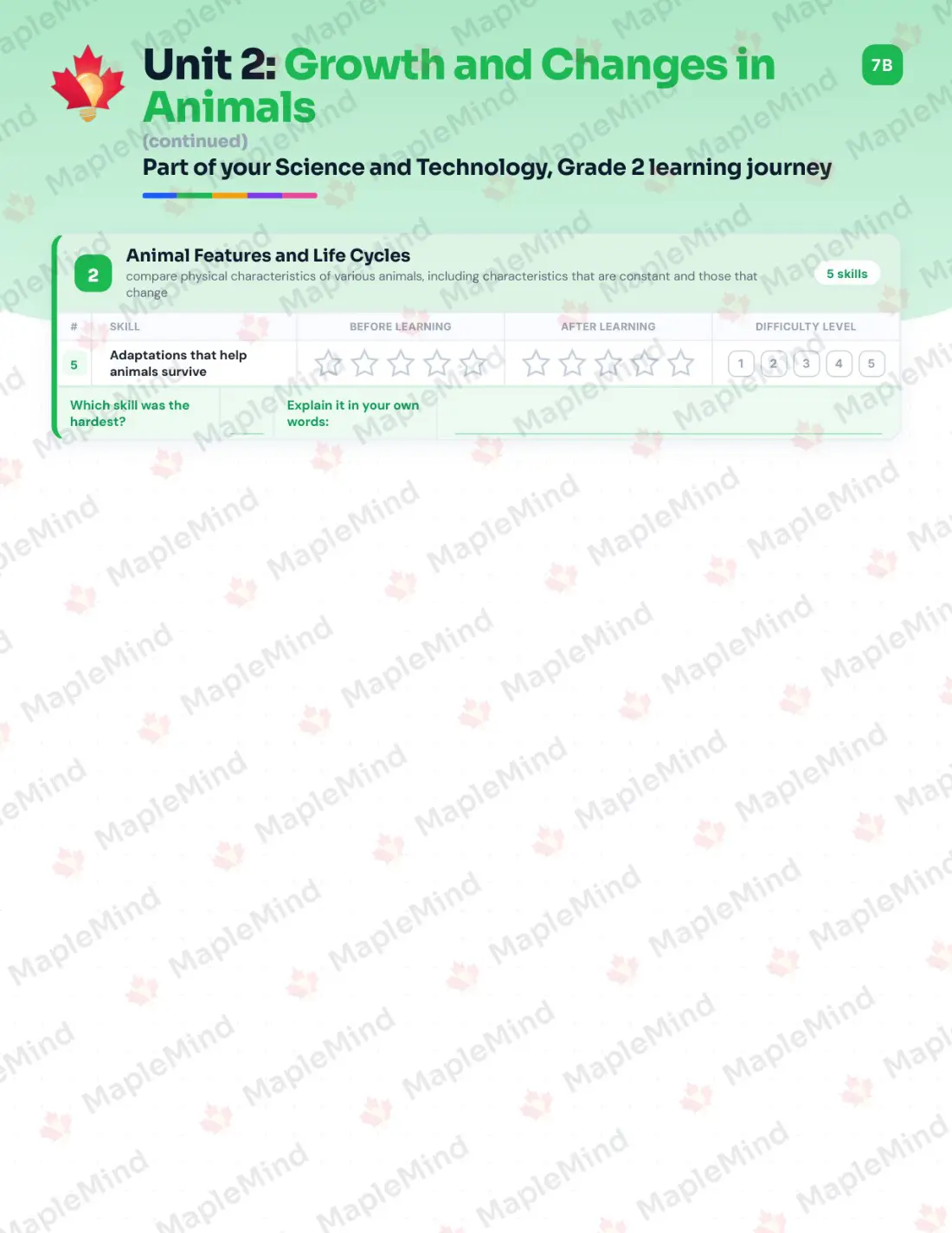 Page 11 of 35 from the Science and Technology, Grade 2 Ontario Course Companion — skills tracker with before and after self-assessment
